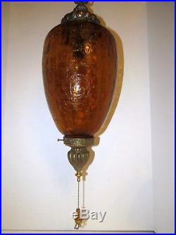 Vintage Amber Gold Crackle Art Glass Hanging Swag Light Lamp Mid Century Modern