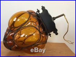 Vintage Amber Mission Blown Glass Grape Bunch Hanging Lamp Light Ceiling Fixture