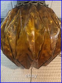 Vintage Amber Swag Hanging Lamp Textured Glass Globe Mid-Century Light