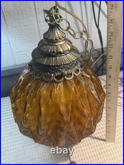 Vintage Amber Swag Hanging Lamp Textured Glass Globe Mid-Century Light