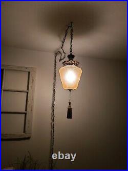 Vintage Amber Swag Lamp Pendant Glass MCM Hanging Light Pull String Plug In