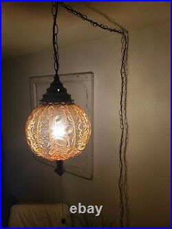 Vintage Amber Swag Light Hanging Pendant Mid-Century Lamp Plug in REWIRED
