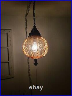 Vintage Amber Swag Light Hanging Pendant Mid-Century Lamp Plug in REWIRED