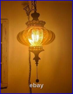 Vintage Amber Swag Pendant Light Hanging UFO MidCentury Glass Globe Lamp Plug In