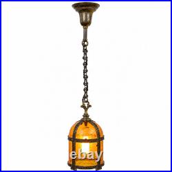 Vintage Amber Textured Glass Hanging Pendant Lantern Bronze Copper 32.5in
