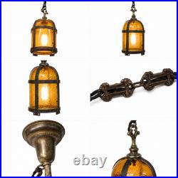 Vintage Amber Textured Glass Hanging Pendant Lantern Bronze Copper 32.5in