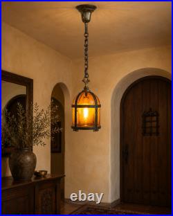Vintage Amber Textured Glass Hanging Pendant Lantern Bronze Copper 32.5in