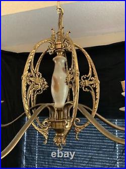 Vintage Antique Art Deco Akro Agate Marble Slag Glass Hanging Chandelier Lamp