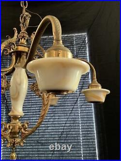 Vintage Antique Art Deco Akro Agate Marble Slag Glass Hanging Chandelier Lamp