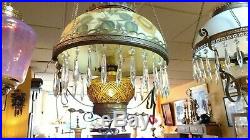 Vintage Antique Bradley & Hubbard B&h Hanging Prism Oil Lamp Amber Glass Font