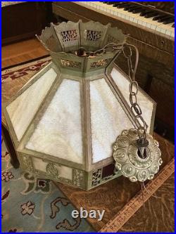 Vintage Antique Brass and Glass Hanging Lamp Shade Octagonal Rewired