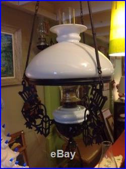 Vintage Antique Cast Iron Ceiling Hanging Oil Lamp & White Milk Glass Font Shade