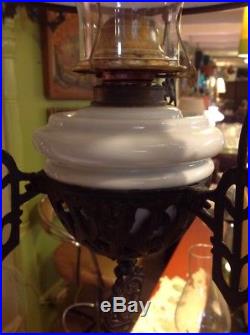 Vintage Antique Cast Iron Ceiling Hanging Oil Lamp & White Milk Glass Font Shade