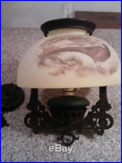 Vintage Antique Cast Iron Hanging Oil Lamp withPheasant Shade NO RESERVE