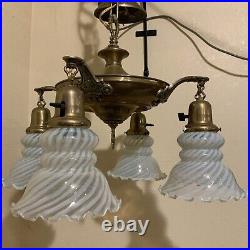 Vintage Antique Electric 4 Arm Hanging Ceiling Lamp Blue Opalescent Glass Shades