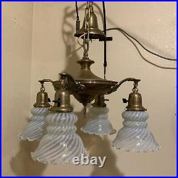 Vintage Antique Electric 4 Arm Hanging Ceiling Lamp Blue Opalescent Glass Shades