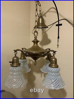 Vintage Antique Electric 4 Arm Hanging Ceiling Lamp Blue Opalescent Glass Shades