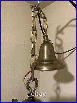 Vintage Antique Electric 4 Arm Hanging Ceiling Lamp Blue Opalescent Glass Shades