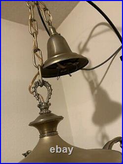Vintage Antique Electric 4 Arm Hanging Ceiling Lamp Blue Opalescent Glass Shades
