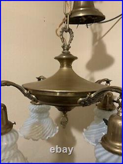 Vintage Antique Electric 4 Arm Hanging Ceiling Lamp Blue Opalescent Glass Shades