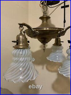 Vintage Antique Electric 4 Arm Hanging Ceiling Lamp Blue Opalescent Glass Shades