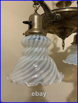 Vintage Antique Electric 4 Arm Hanging Ceiling Lamp Blue Opalescent Glass Shades