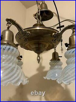 Vintage Antique Electric 4 Arm Hanging Ceiling Lamp Blue Opalescent Glass Shades