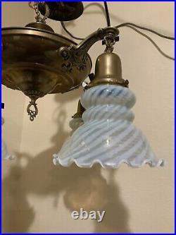 Vintage Antique Electric 4 Arm Hanging Ceiling Lamp Blue Opalescent Glass Shades