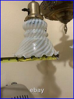 Vintage Antique Electric 4 Arm Hanging Ceiling Lamp Blue Opalescent Glass Shades