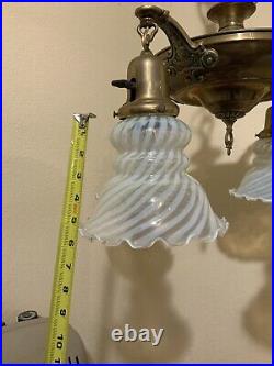 Vintage Antique Electric 4 Arm Hanging Ceiling Lamp Blue Opalescent Glass Shades