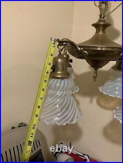 Vintage Antique Electric 4 Arm Hanging Ceiling Lamp Blue Opalescent Glass Shades