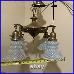 Vintage Antique Electric 4 Arm Hanging Ceiling Lamp Blue Opalescent Glass Shades