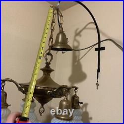 Vintage Antique Electric 4 Arm Hanging Ceiling Lamp Blue Opalescent Glass Shades