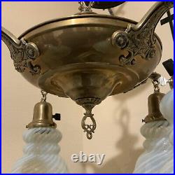 Vintage Antique Electric 4 Arm Hanging Ceiling Lamp Blue Opalescent Glass Shades