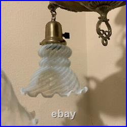 Vintage Antique Electric 4 Arm Hanging Ceiling Lamp Blue Opalescent Glass Shades
