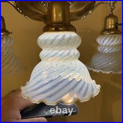 Vintage Antique Electric 4 Arm Hanging Ceiling Lamp Blue Opalescent Glass Shades