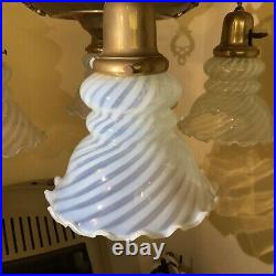 Vintage Antique Electric 4 Arm Hanging Ceiling Lamp Blue Opalescent Glass Shades