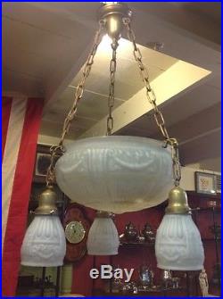 Vintage Antique French Empire 3 Arm Large Basket Glass Hanging Lamp Chandelier