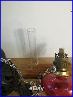 Vintage Antique Hanging Cranberry Font Oil / Paraffin Lamp In Cast Iron Hanger