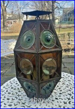 Vintage Antique Leaded & Stained Glass Hanging Ceiling Lamp Porch Light Fixture