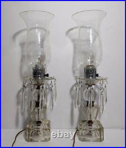 Vintage Antique Pair Etched Glass Hanging Crystal Prisms Hurricane Table Lamps