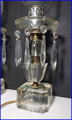 Vintage Antique Pair Etched Glass Hanging Crystal Prisms Hurricane Table Lamps