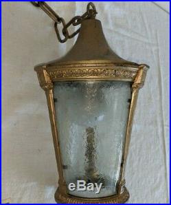 Vintage Antique Porch Hall Foyer Lantern Hanging Light Chandelier w Glass Panels