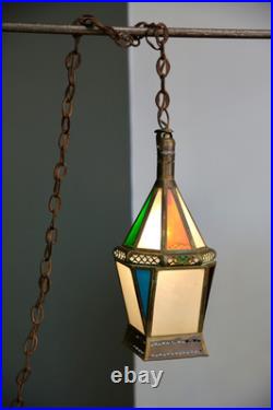 Vintage Antique Stained Glass Hanging Ceiling Lantern Lamp Swag Light brass
