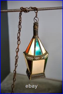 Vintage Antique Stained Glass Hanging Ceiling Lantern Lamp Swag Light brass