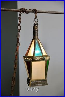 Vintage Antique Stained Glass Hanging Ceiling Lantern Lamp Swag Light brass