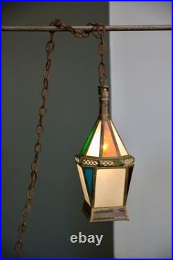 Vintage Antique Stained Glass Hanging Ceiling Lantern Lamp Swag Light brass