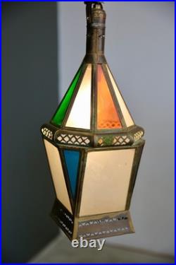 Vintage Antique Stained Glass Hanging Ceiling Lantern Lamp Swag Light brass