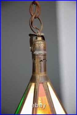 Vintage Antique Stained Glass Hanging Ceiling Lantern Lamp Swag Light brass