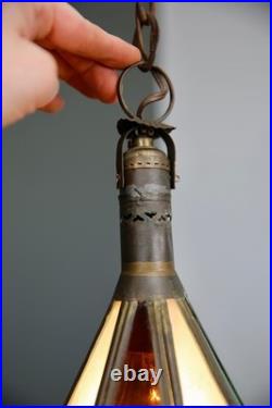Vintage Antique Stained Glass Hanging Ceiling Lantern Lamp Swag Light brass